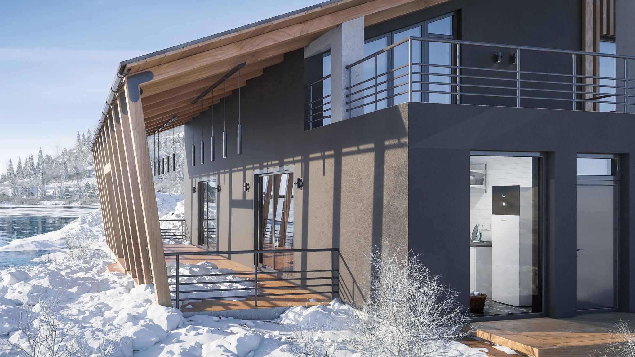 Moderne hus i snelandskab er perfekt opvarmet med Daikin.