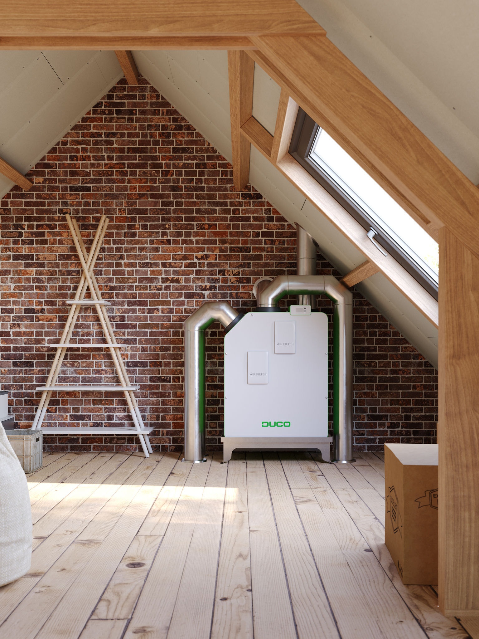 Et DucoBox Energy Premium ventilationssystem installeret på et loftsrum, hvilket viser en ventilationsløsning, som forbedrer luftkvaliteten indendørs og mindsker risikoen for skimmelsvamp.