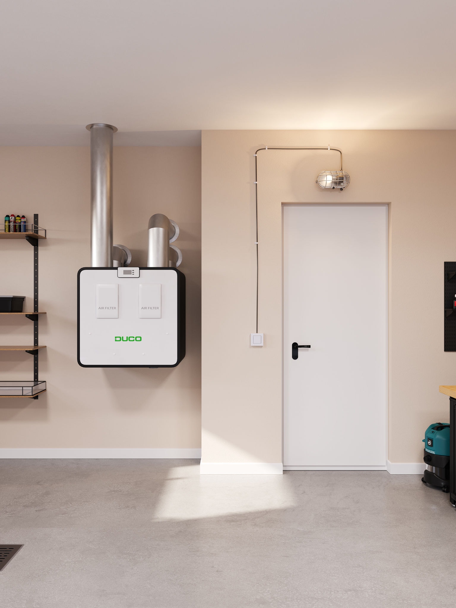 Et DucoBox Energy Premium ventilationssystem installeret i et opholdsrum, hvilket viser en ventilationsløsning, som forbedrer luftcirkulationen og mindsker fugt.