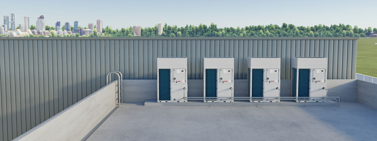R-290 varmepumpeenheder installeret på taget af en erhvervsbygning